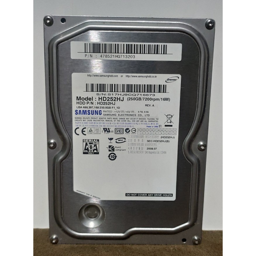 Hdd 250GB 3,5" Sata SAMSUNG HD252HJ Pc Desktop Computador - Hd Usado Funcionando Perfeitamente