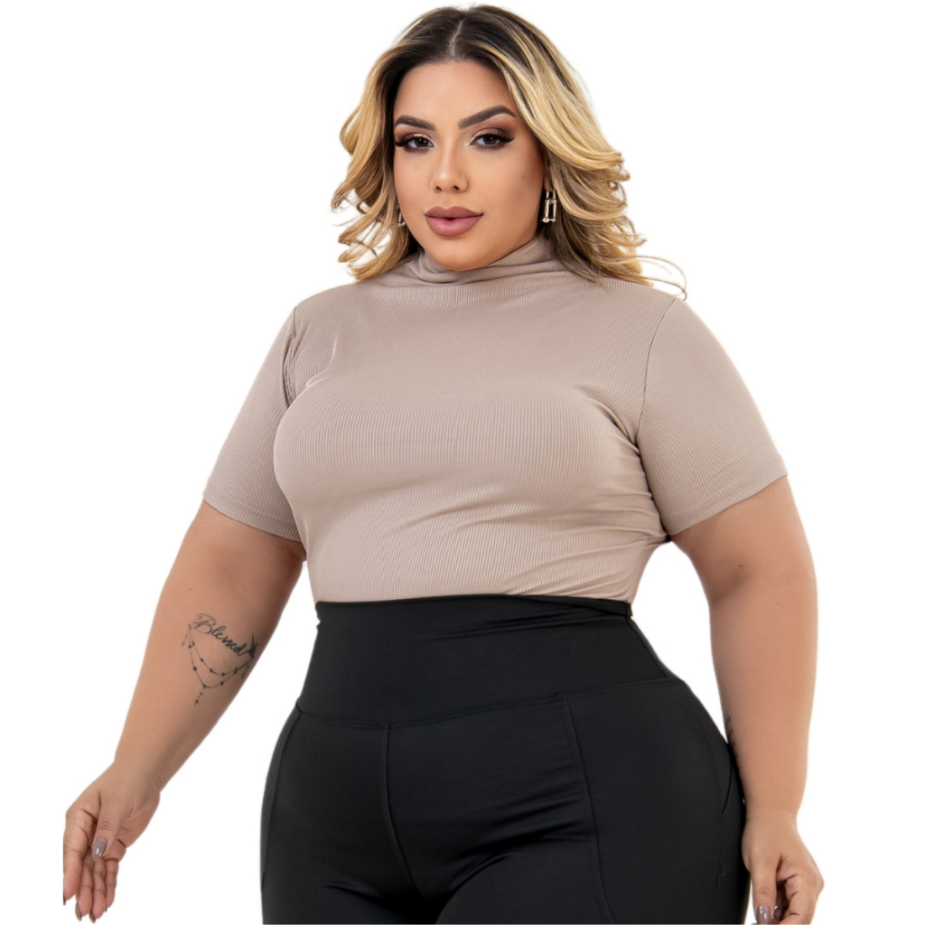 Blusa Feminina Plus Size Cacharrel Manga Curta Gola Alta Canelada GG ao G3
