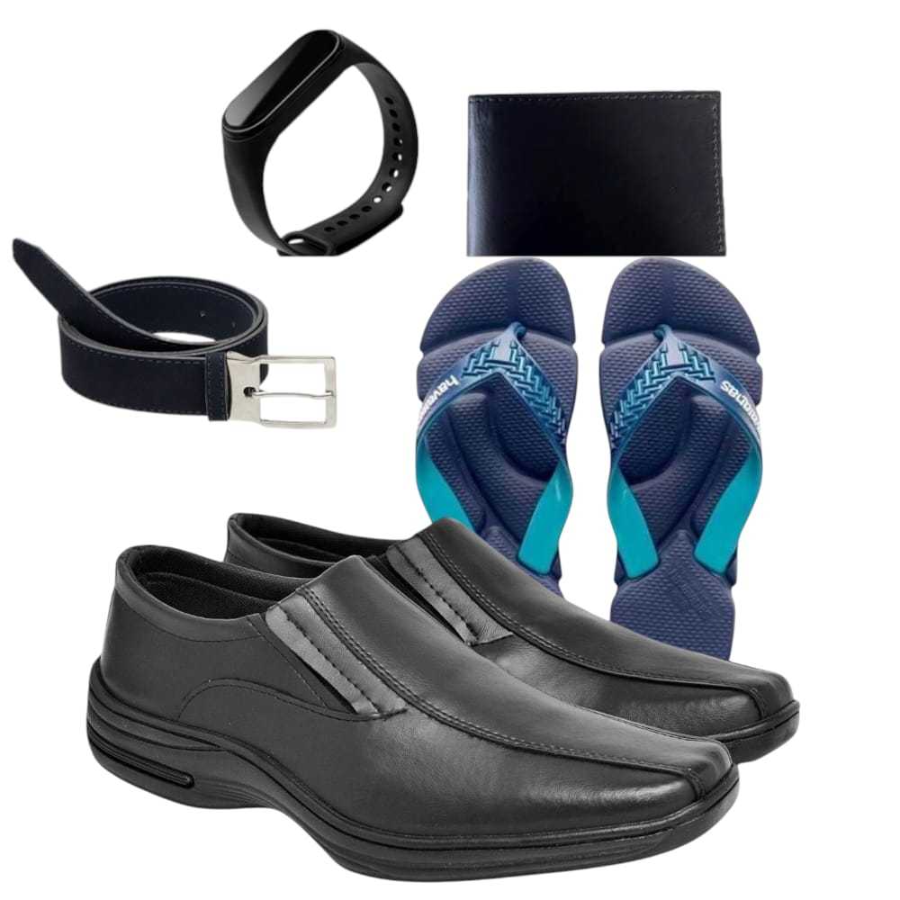 Kit Sapato Social Italiano Confort Plus+Chinelo+Cinto+Carteira+Relógio Solado Antiderrapante Flexível Lançamento