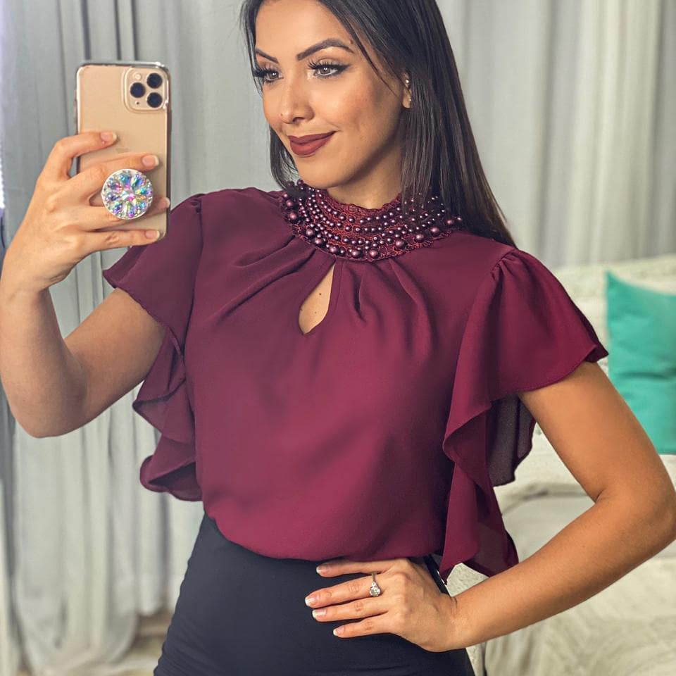 blusa gola perola, blusa social com manga de babados , com amarração nas costas
