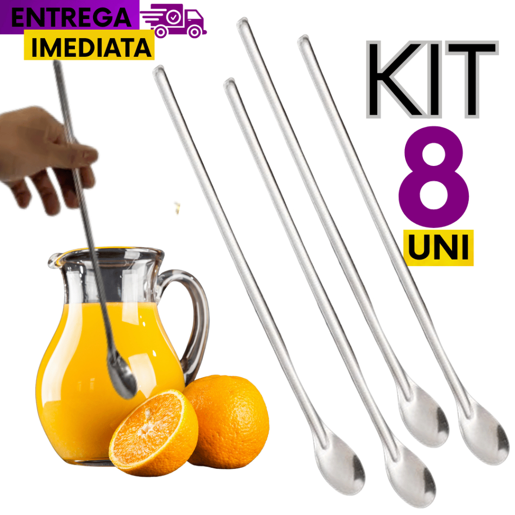 08 Colher Bailarina Para Mexer Sucos Drinks 30cm Em Aço Inox Casa Cozinha Restaurante Variáveis Utilidades