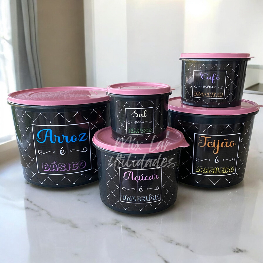Kit Potes Mantimentos cozinha 5 peças plástico decorado porta mantimentos