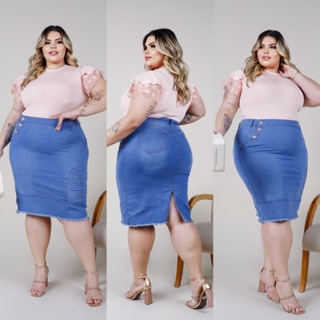 Saias Jeans Plus Size Azul Com Bordado E Botões Na Lateral Moda Evangelica Crista. em Oferta na Shopee