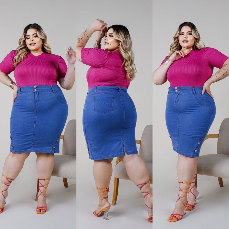 Saia Plus Size Jeans Azul Com Zíper e Botões Laterais Midi Moda Cristã Evangélica. em Oferta na Shopee
