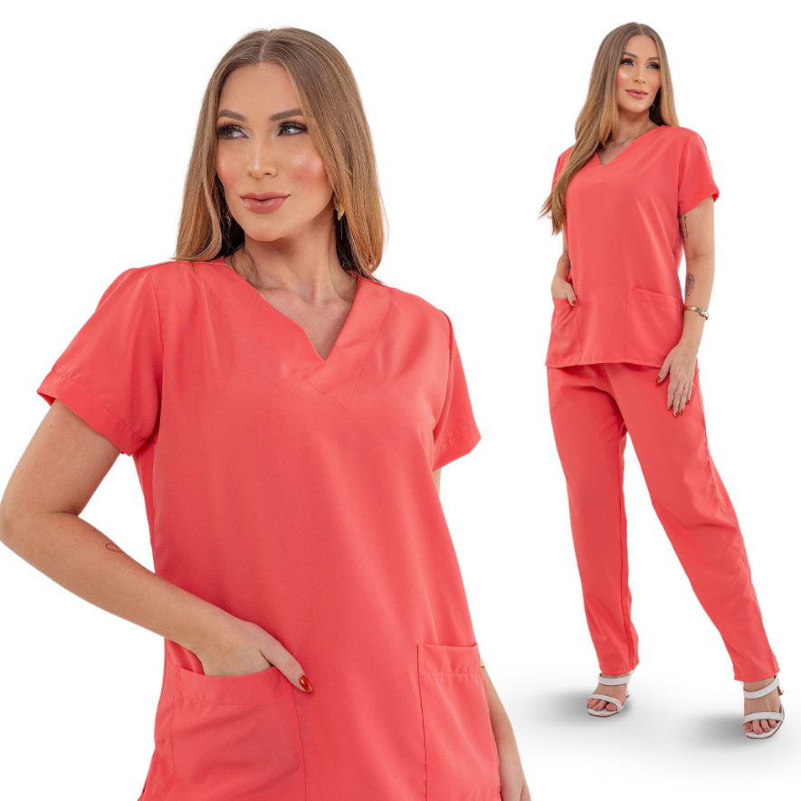 Conjunto Pijama Scrub Oxfordine Uniforme Enfermagem Basico coral em Oferta na Shopee