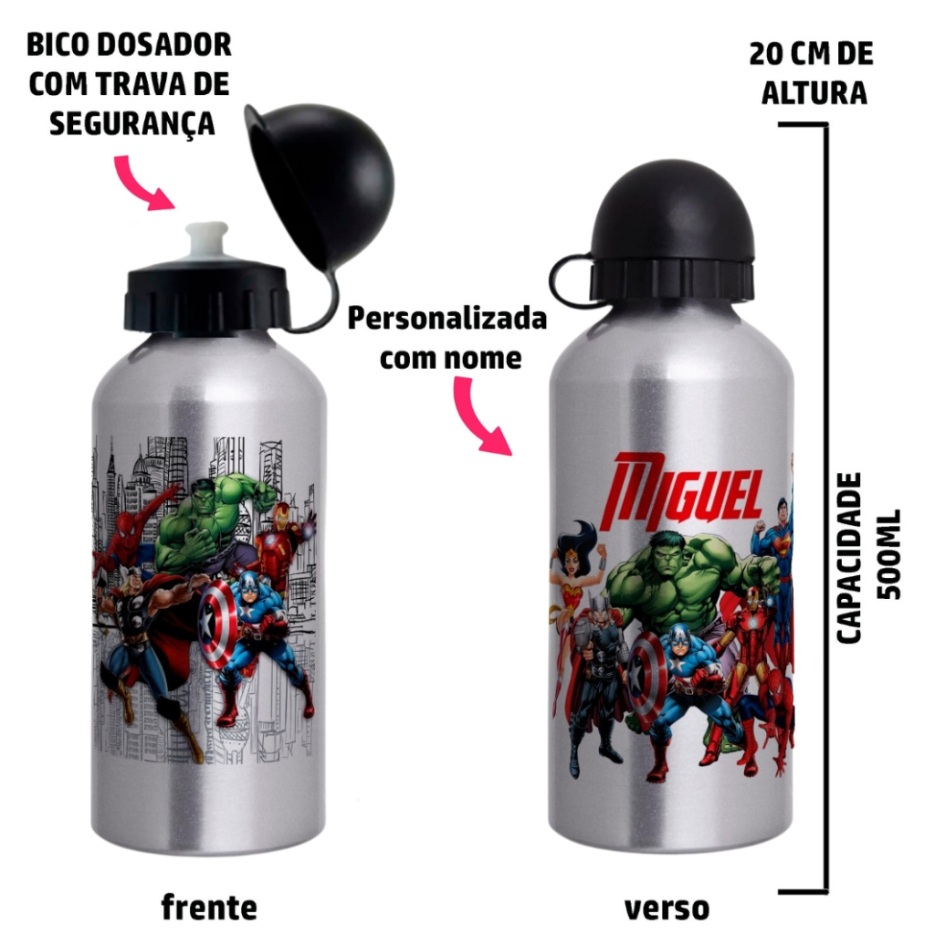 Garrafa Squeeze de alumínio infantil - Vingadores com nome em Oferta na Shopee