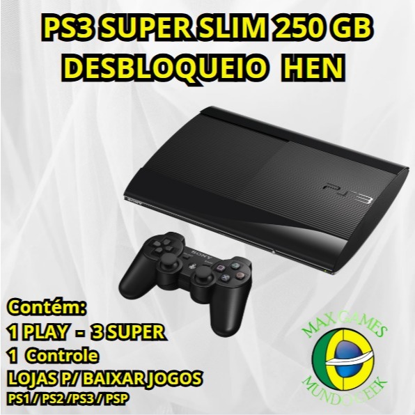 PS3 PLAYSTATION 3 SUPER SLIM 250 GB SONY H E N - 1 CONTROLE NOVO