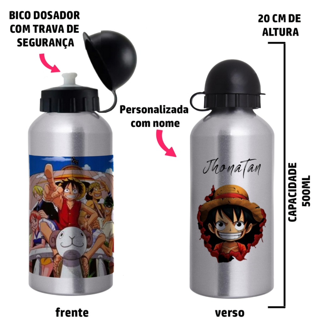 Garrafa Squeeze de alumínio infantil - Tema One Piece com nome em Oferta na Shopee