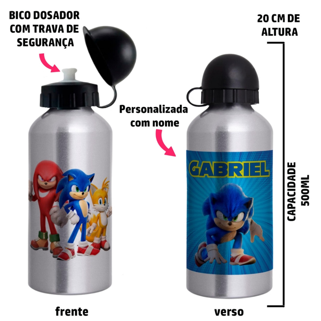 Garrafa Squeeze de alumínio infantil - Tema Sonic com nome em Oferta na Shopee