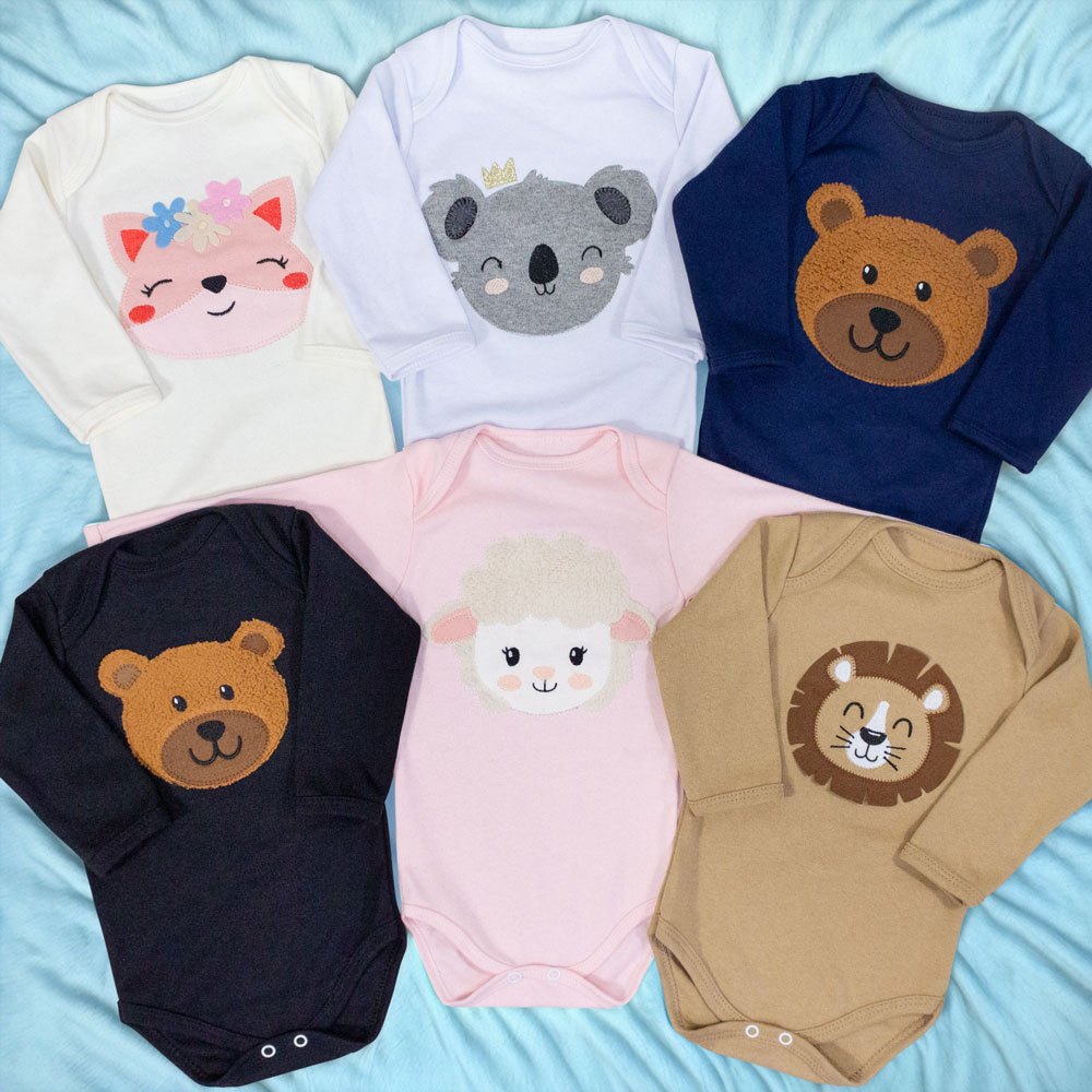 Body Manga Longa Para Bebê com Bordadinho Bichinhos