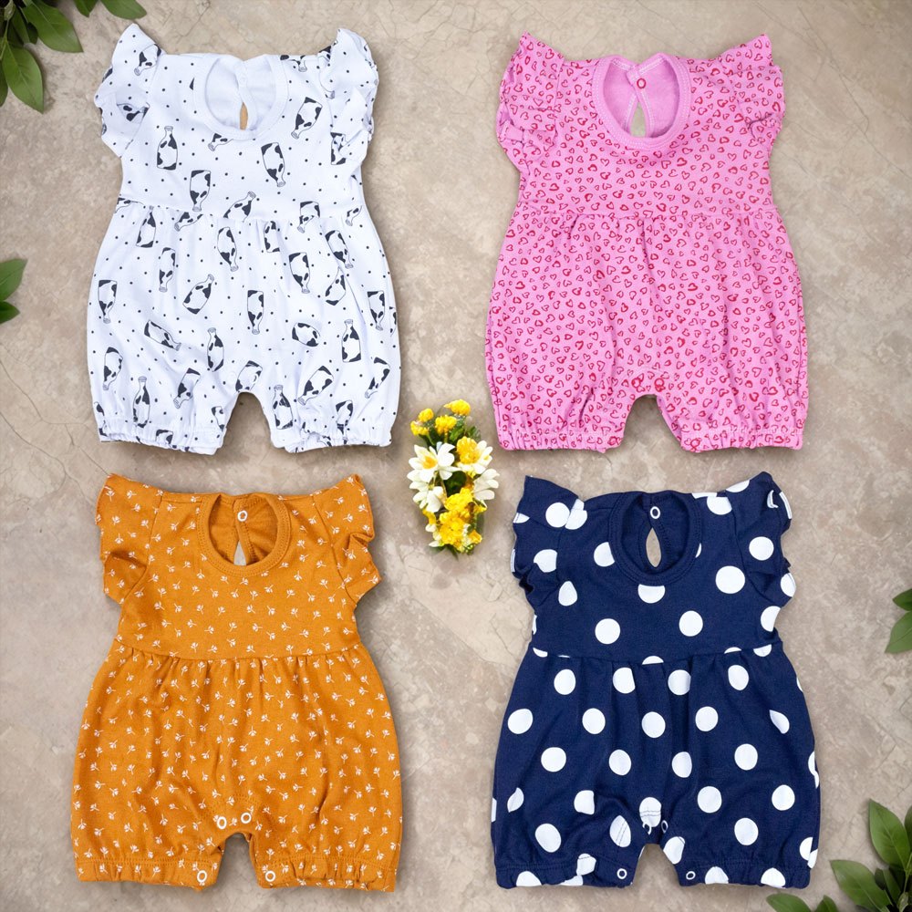 Macacão para bebe curto com babado e estampadinha