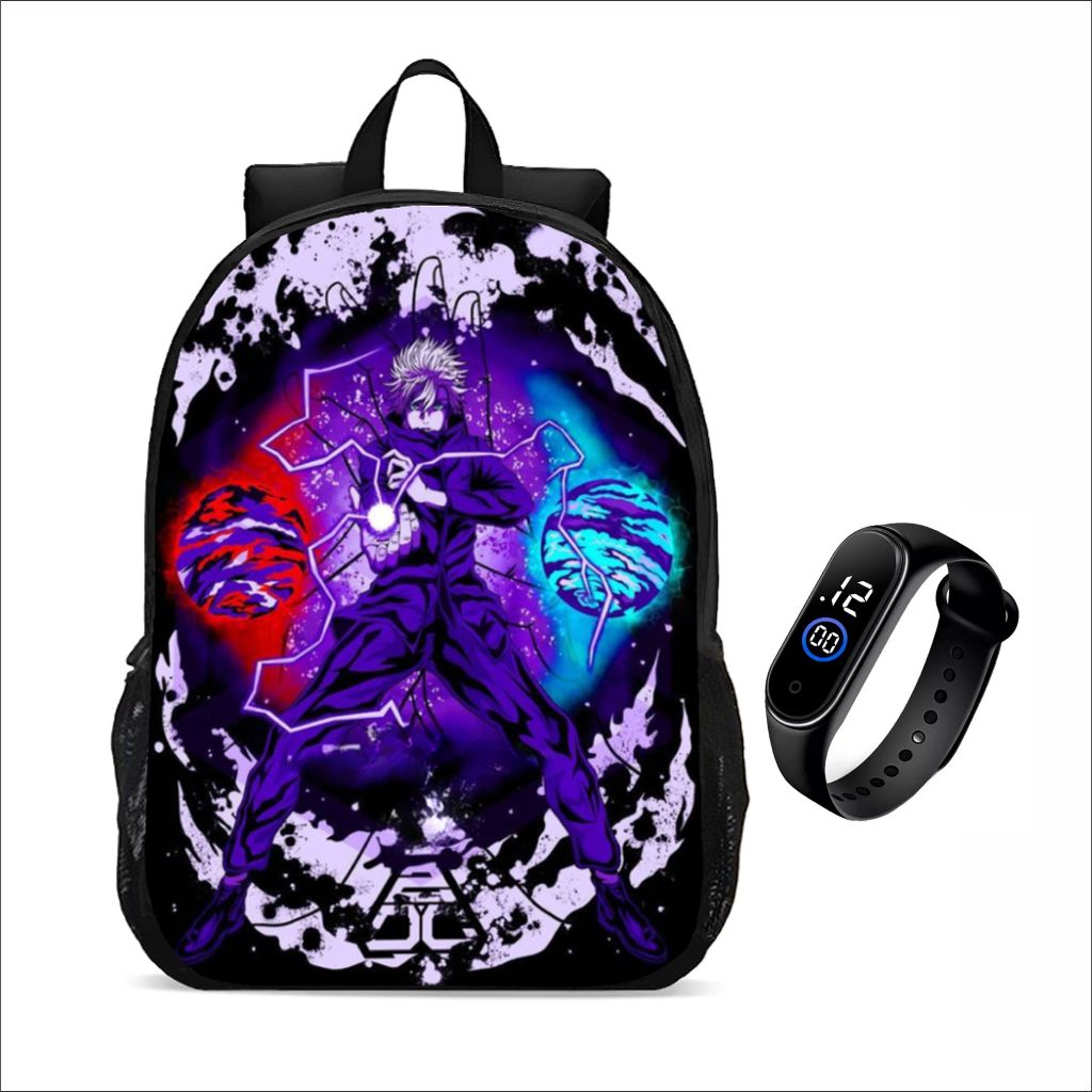 Kit Mochila escolar juvenil infantil + Relógio Digital Vários Modelos Personagens Anime Desenho