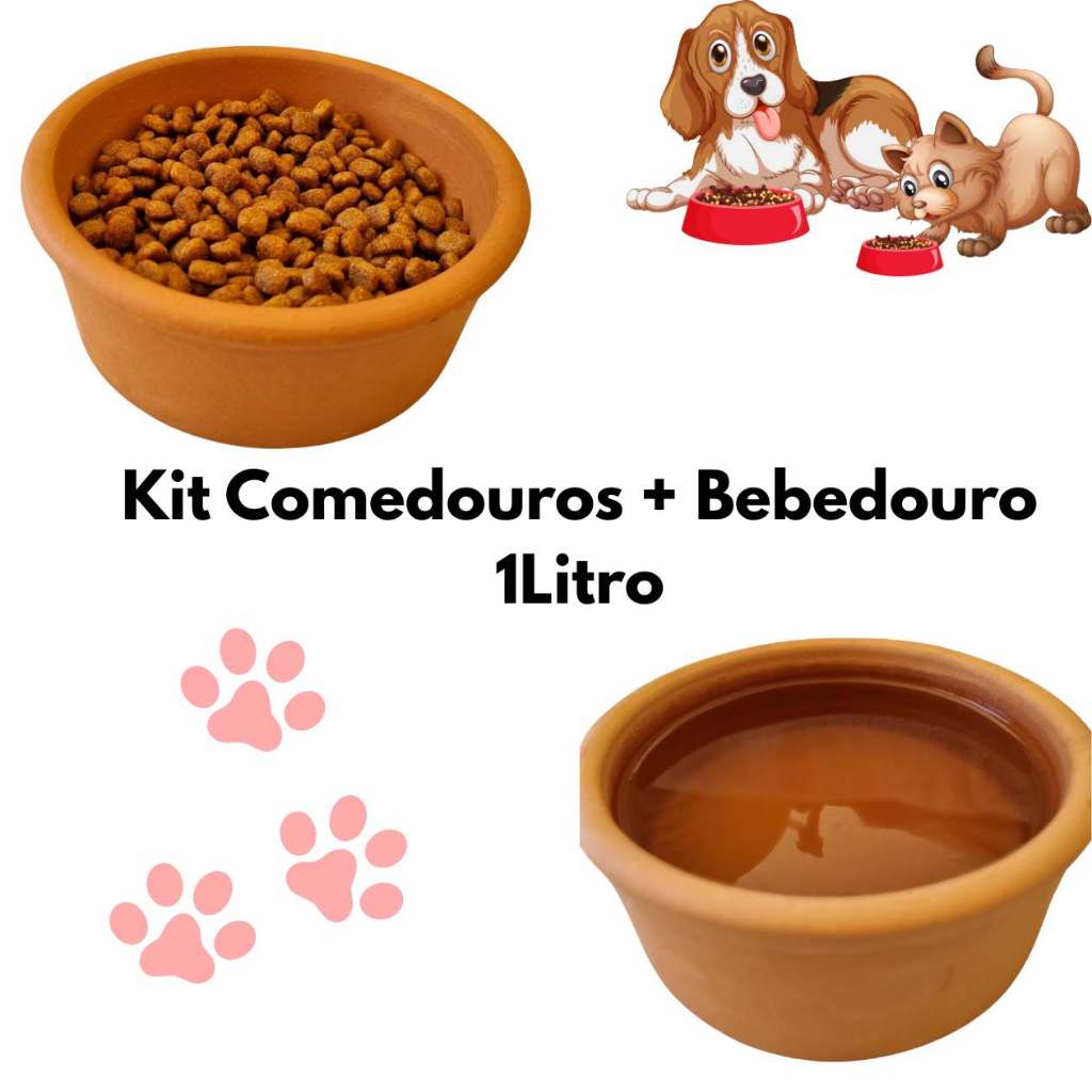 Kit 1 Comedouro + 1 Bebedouro 1Litro DE Barro Para Pets Mantendo a Temperatura da Água  Por Mais Tempo
