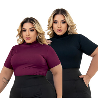 Kit 2 Blusas Feminina Plus Size Cacharrel Gola Alta Canelada GG ao G3 em Oferta na Shopee