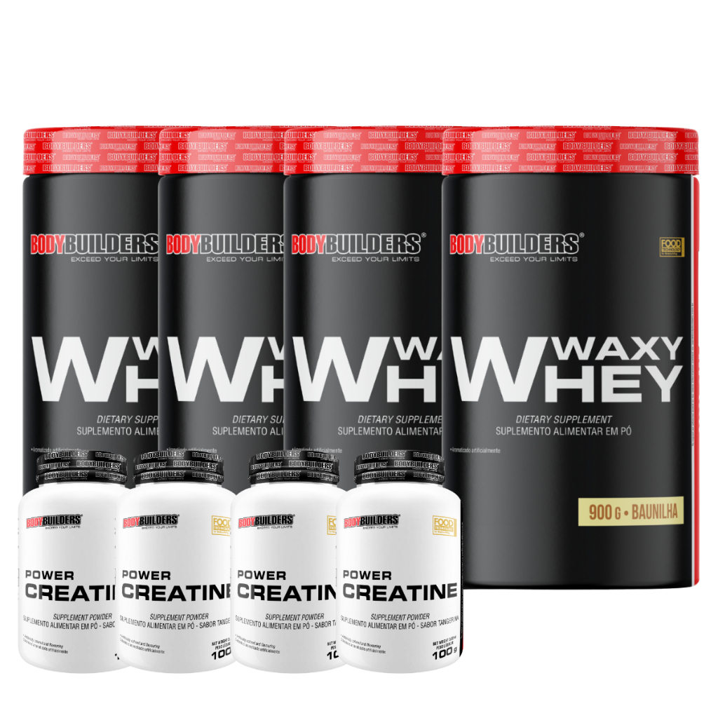 Kit 4x Whey Protein Waxy Whey 900g + 4x Power Creatina 100g