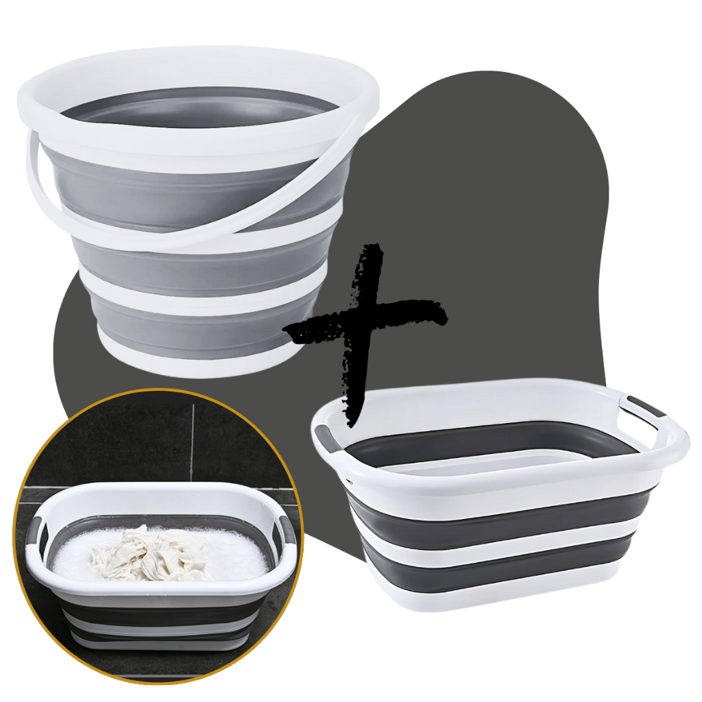 Kit Com Balde Retrátil 10 Litros E Cesto Dobrável Retráril 26 Litros Silicone Cinza