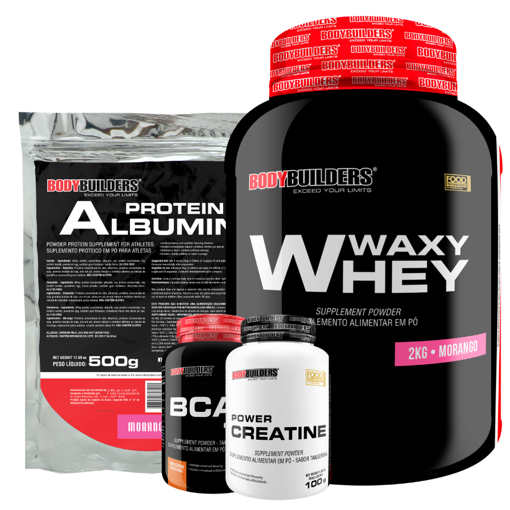 Kit Whey Protein 2kg + Bcaa + Creatina + Albumina - Massa Magra