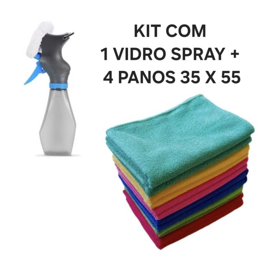 Kit Com 01 Rodo Limpa Vidros Spray + 04 Panos Limpeza 35 x 55  Microfibra  Multiusos Limpeza Facil  Casa Carros