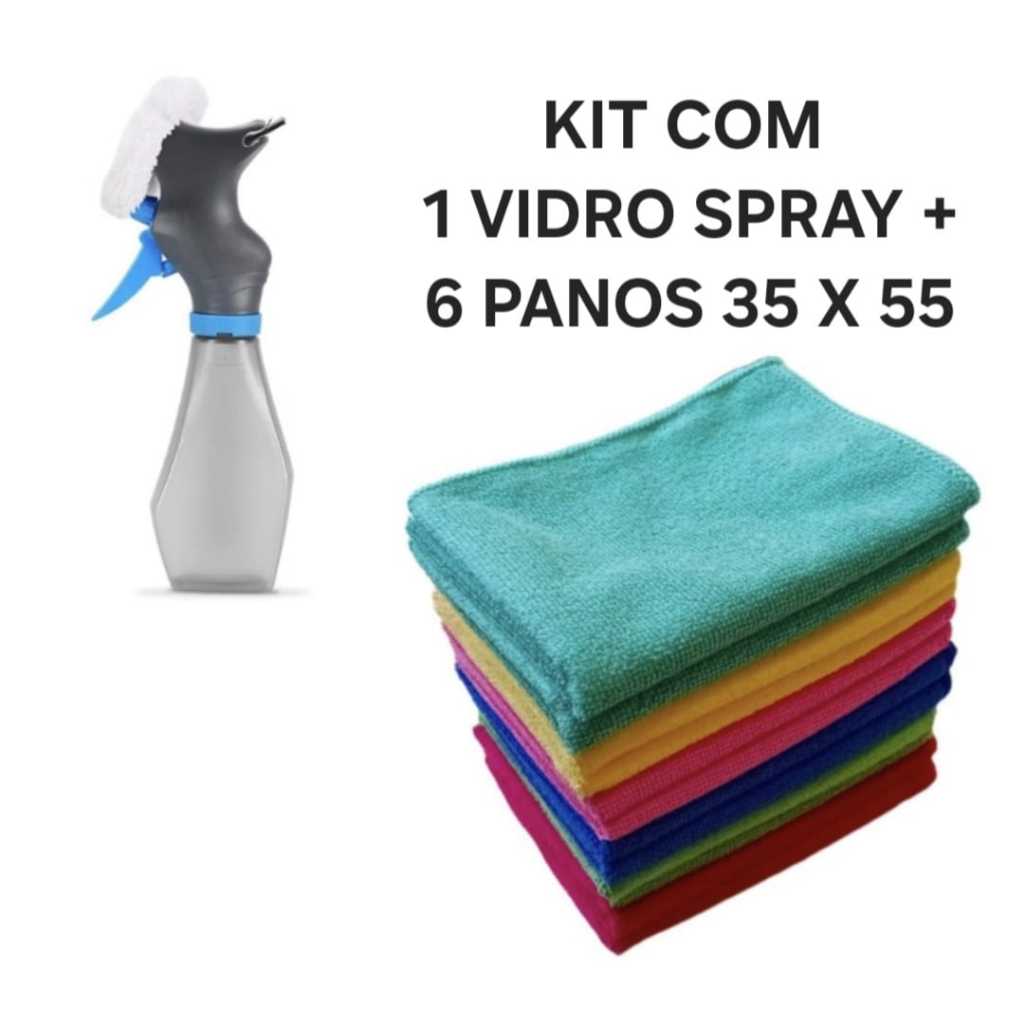 Kit Com 06 Panos Limpeza 35 x 55  Microfibra  + 01 Rodo Limpa Vidros Spray Mop Limpador 3 em 01 Limpeza Profunda