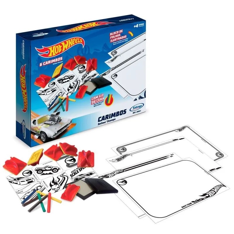Carimbos Hot Wheels - Xalingo com giz de cera, 8 carimbos, almofada, bloco de papel