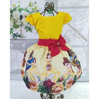 Vestido Menina Infantil luxo Temático Busto Liso Bela e a Fera Laço Vermelho