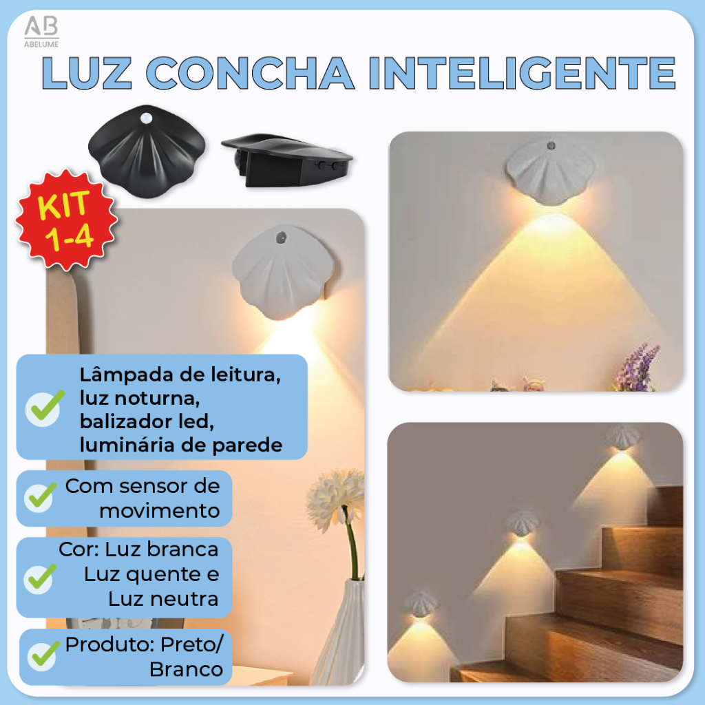 variação de 1 a 4 itens Luminária Arandela Led Concha Inteligente Com Sensor de Luz e 3 tons de luz Sem Fio em Oferta na Shopee