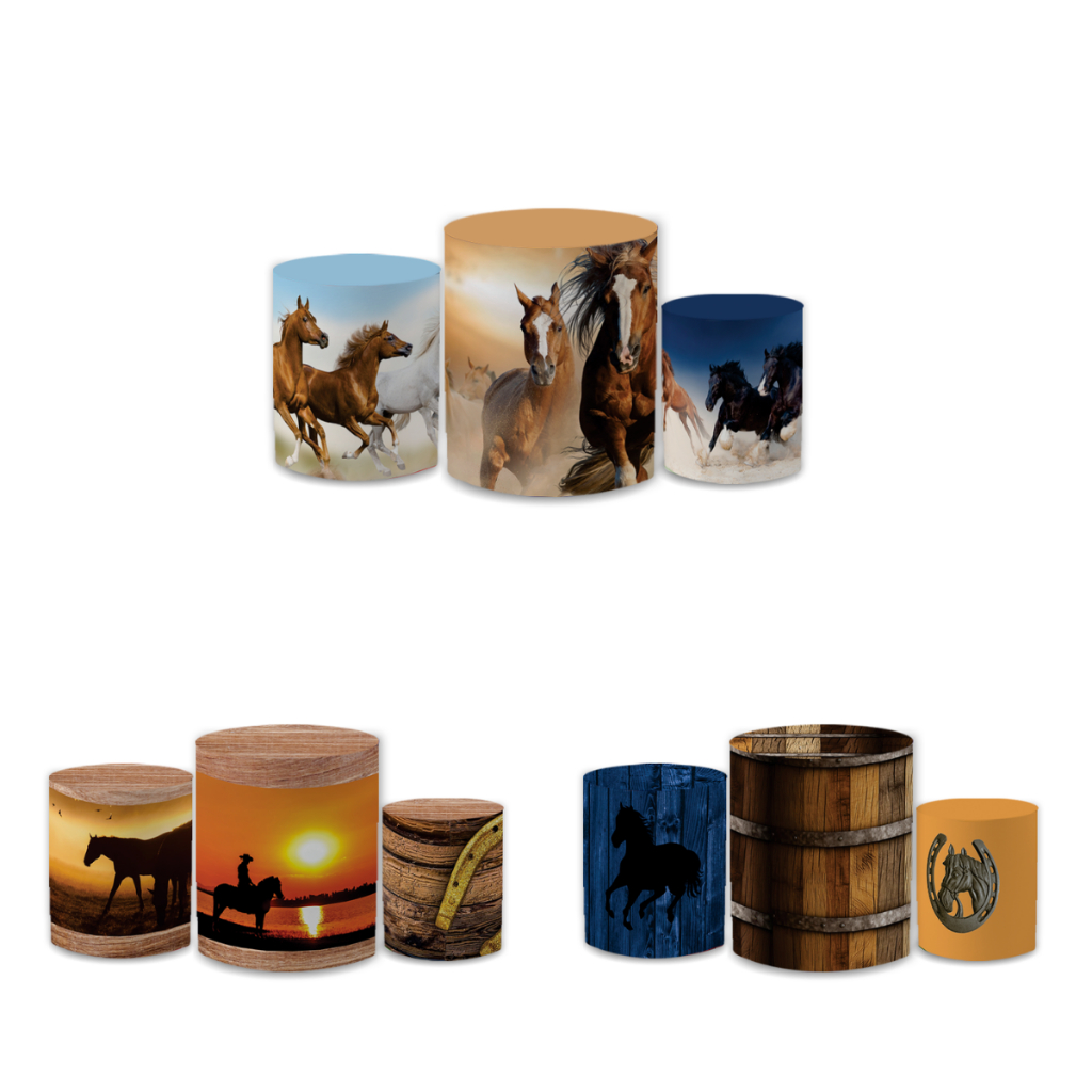 Kit Trio Capas de Cilindro de Festa Veste Fácil Sublimados Malha New Cavalo Agro Fazenda Decoração Bibi Paineis