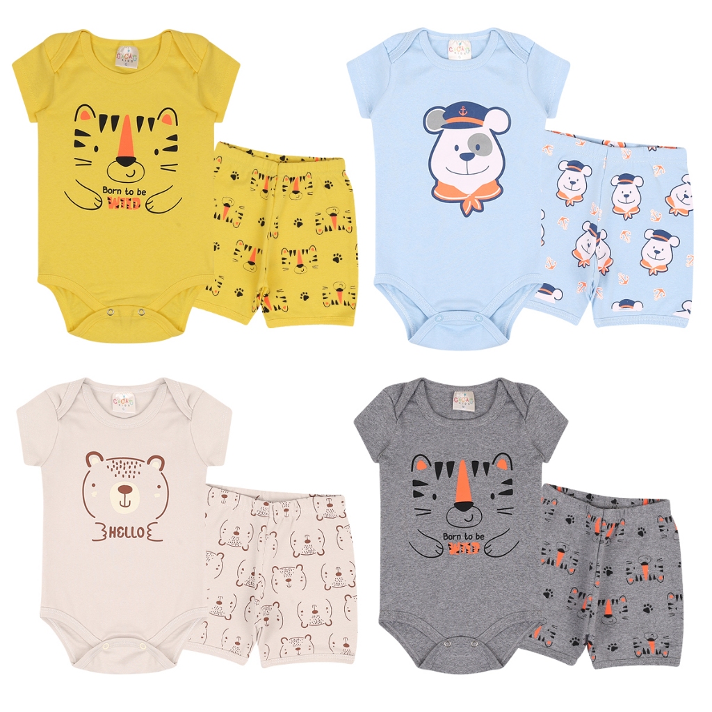 kit 4 Peças body curto e shorts menino - 2 body  + 2 shorts ( tapa fralda) - Roupa para Bebê Oferta