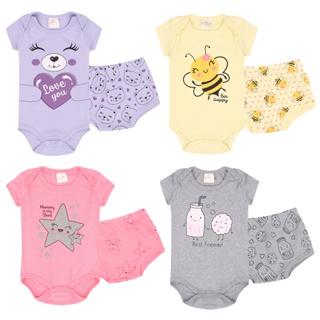 kit 4 peças body + shorts menina = 2 body + 2 shorts ( tapa fralda) = 2 conjuntos feminino Oferta em Oferta na Shopee