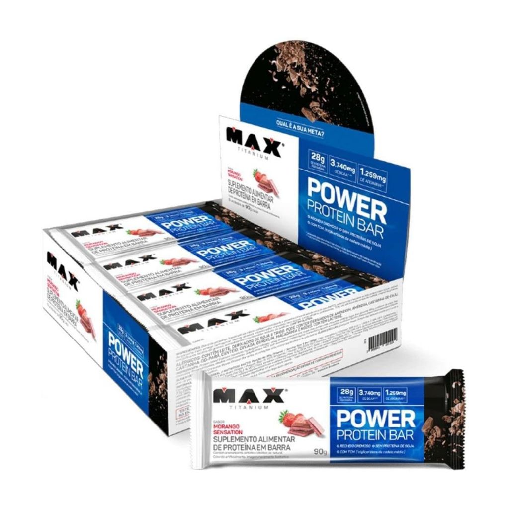 Power Protein Bar Max Titanium Morango Sensation com 12 unidades de 41g em Oferta na Shopee