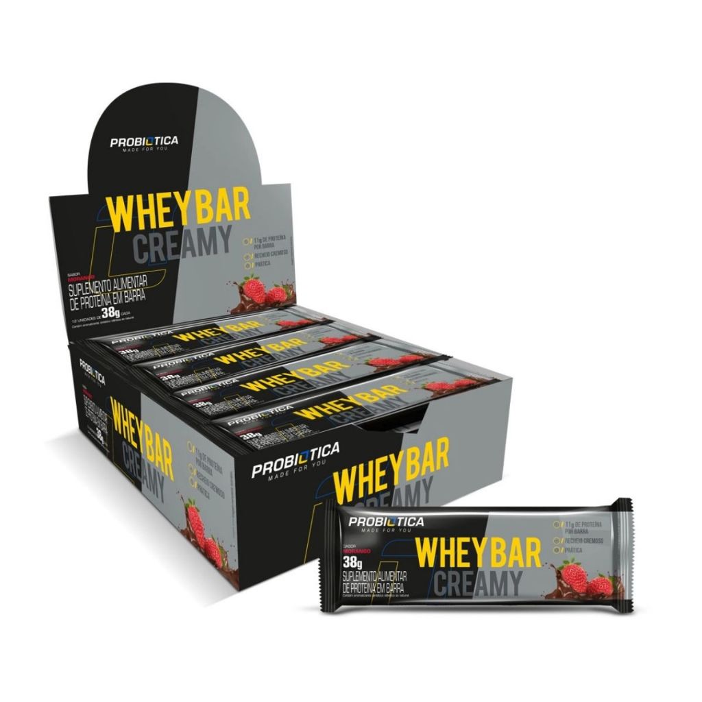 Barra de Proteína Whey Bar Creamy Morango Probiótica com 12 unidades de 38g - Health
