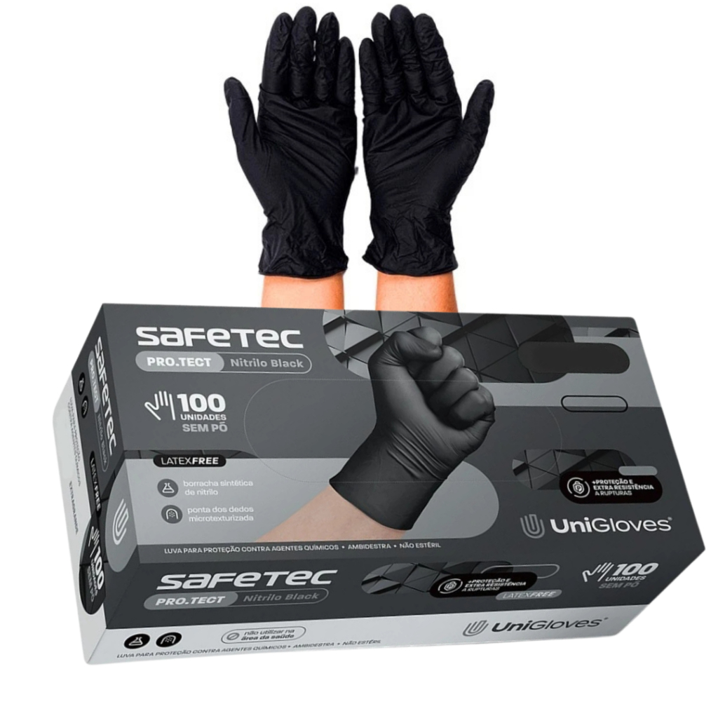 Luva Nitrílica Preta Premium Safetec - Unigloves S/Pó Caixa C/100