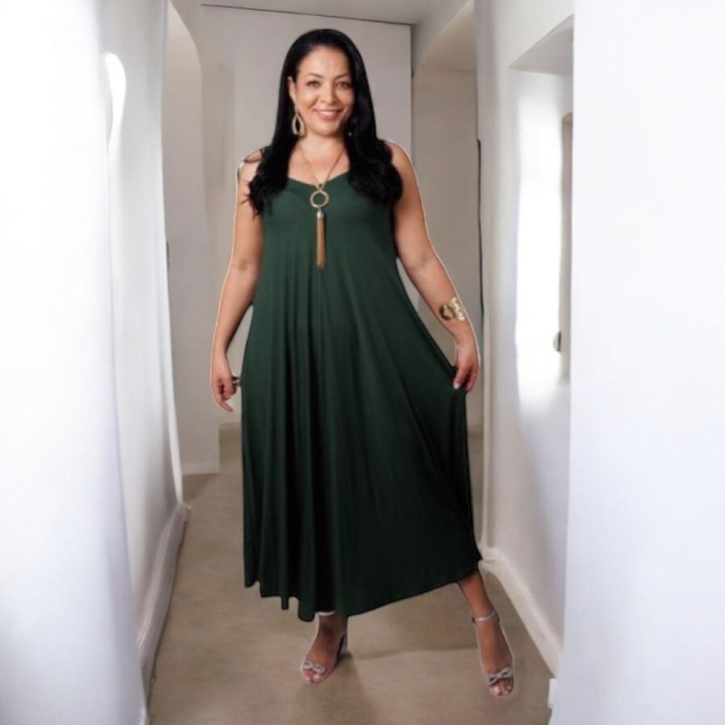 Vestido Feminino Plus Size Moda Evangélica Casual Confortável Cor Verde Folha