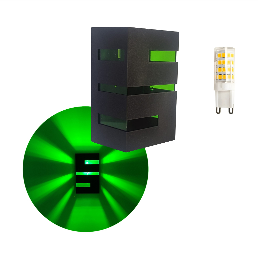 2 Arandela Luminária Preta Com Lâmpada Led + Lente Verde