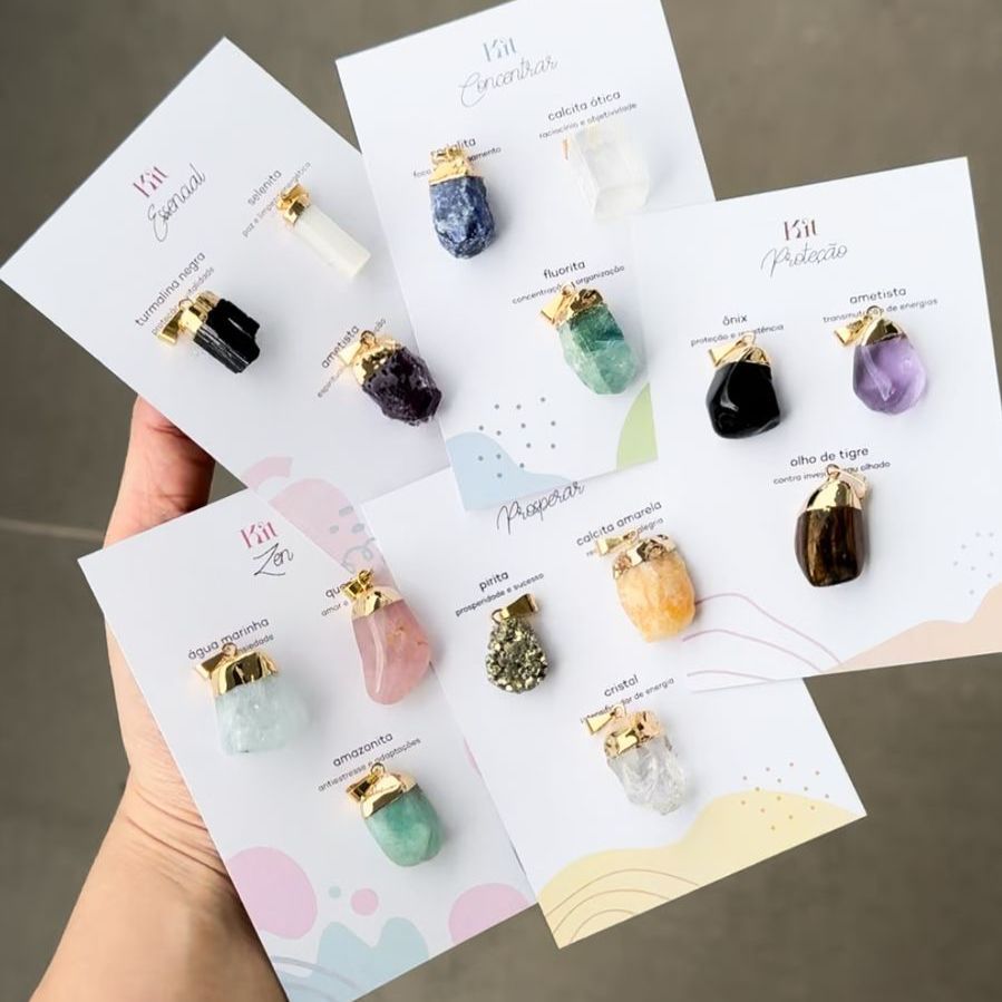 Kits de três pingentes de pedras naturais - Cristais para Proteção, Ansiedade, Prosperidade, Concentração e Purificação em Oferta na Shopee