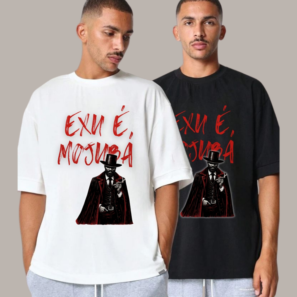 Camiseta Exu preta Mojubá Unissex Plus size Umbanda Candomblé Tranca Ruas Tiriri Capa Preta