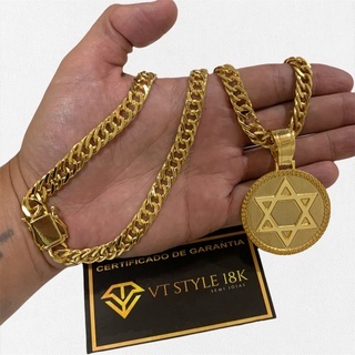 Corrente banhada a ouro grumet 8mm + pingente estrela de Davi