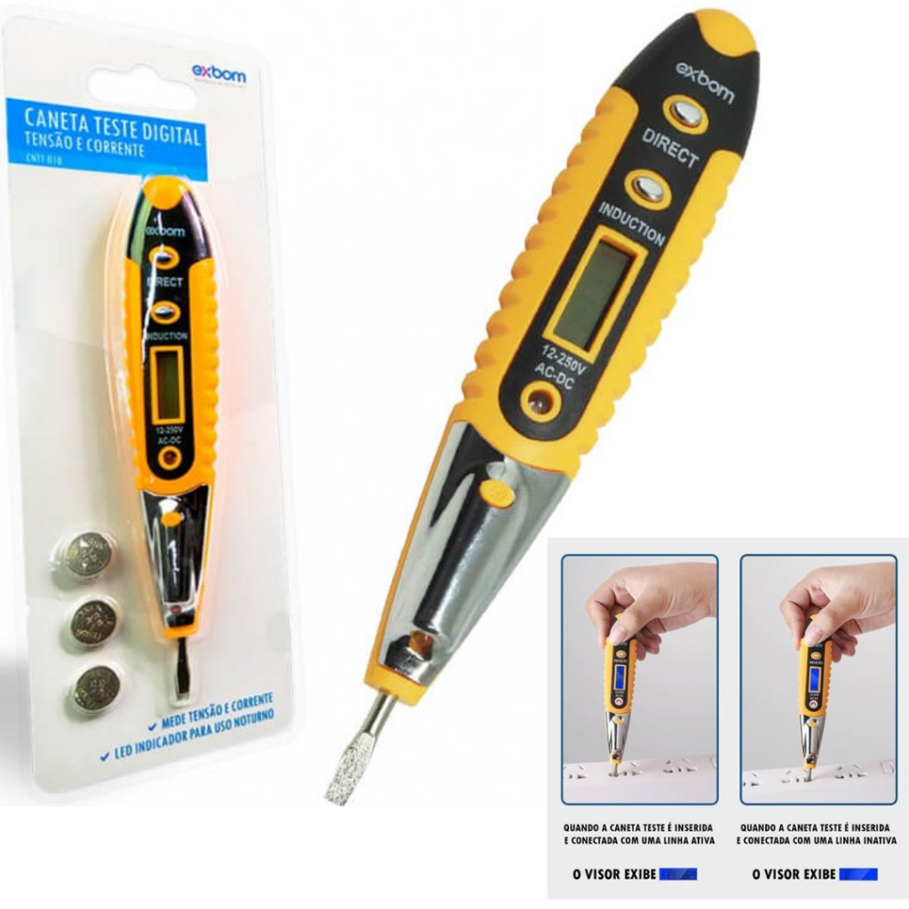 Caneta Detectora de Voltagem e Corrente Luz LED Visor 3 Baterias Inclusas Capacidade 12V até 250V Segura Isola Voltagem