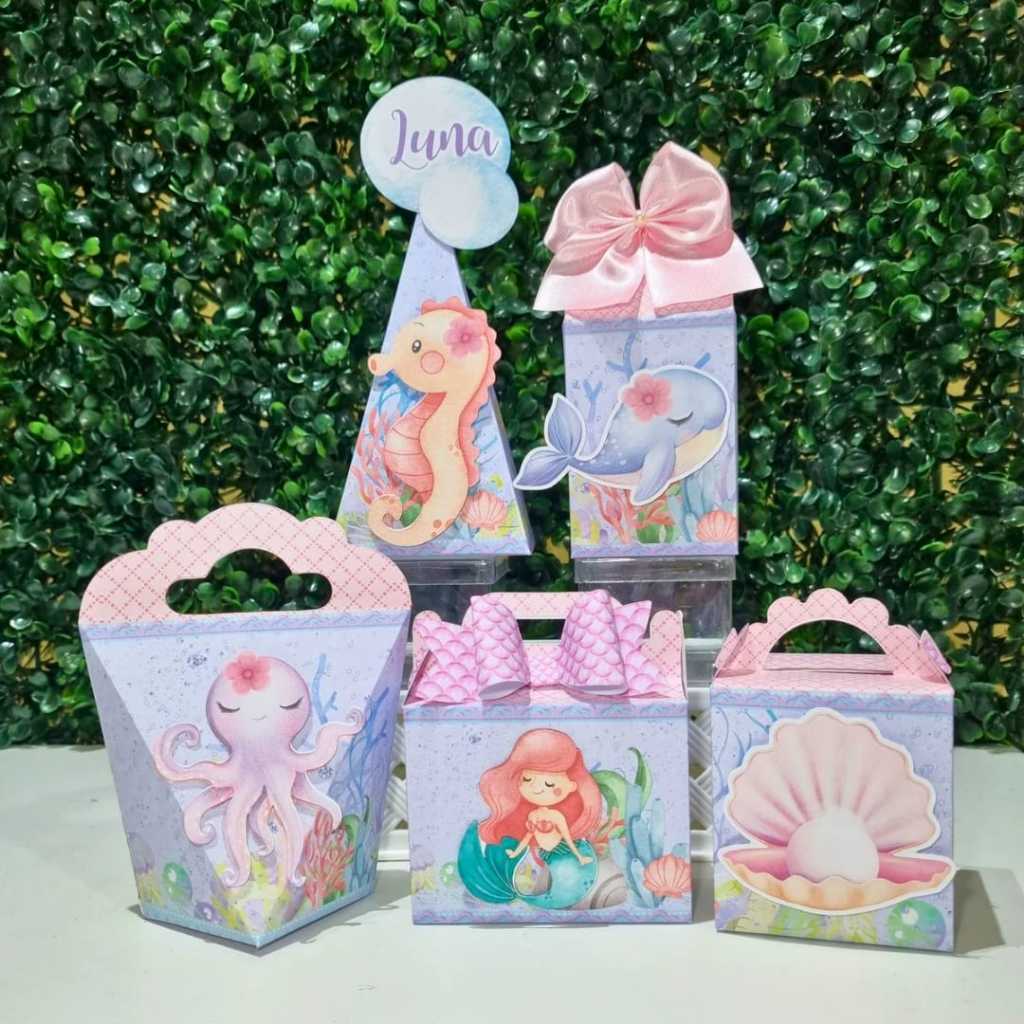 Kit Festa Lembrancinha Personalizada - Fundo do Mar Aquarelado Menina - Caixinha de Festa de Aniversário -  Pegue Monte