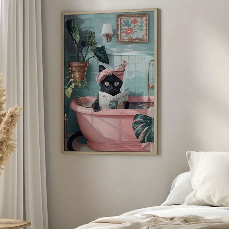 Quadro Decorativo gatinho na banheira rosa banheiro em Oferta na Shopee