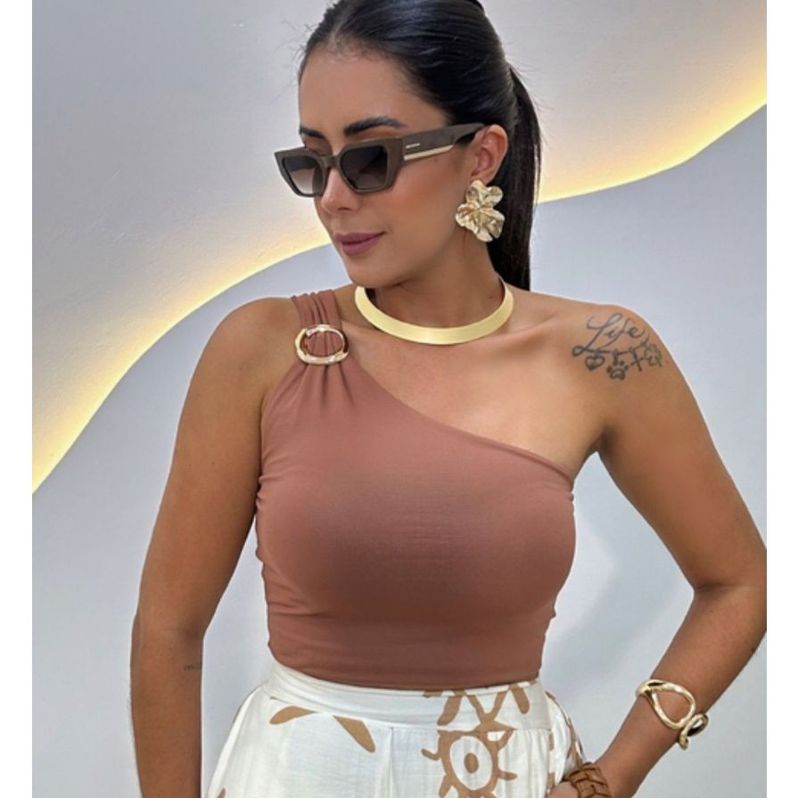 Blusa Feminina Nula Manga Argola Assimetrica Dourada Suplex Elegante Mula Manca