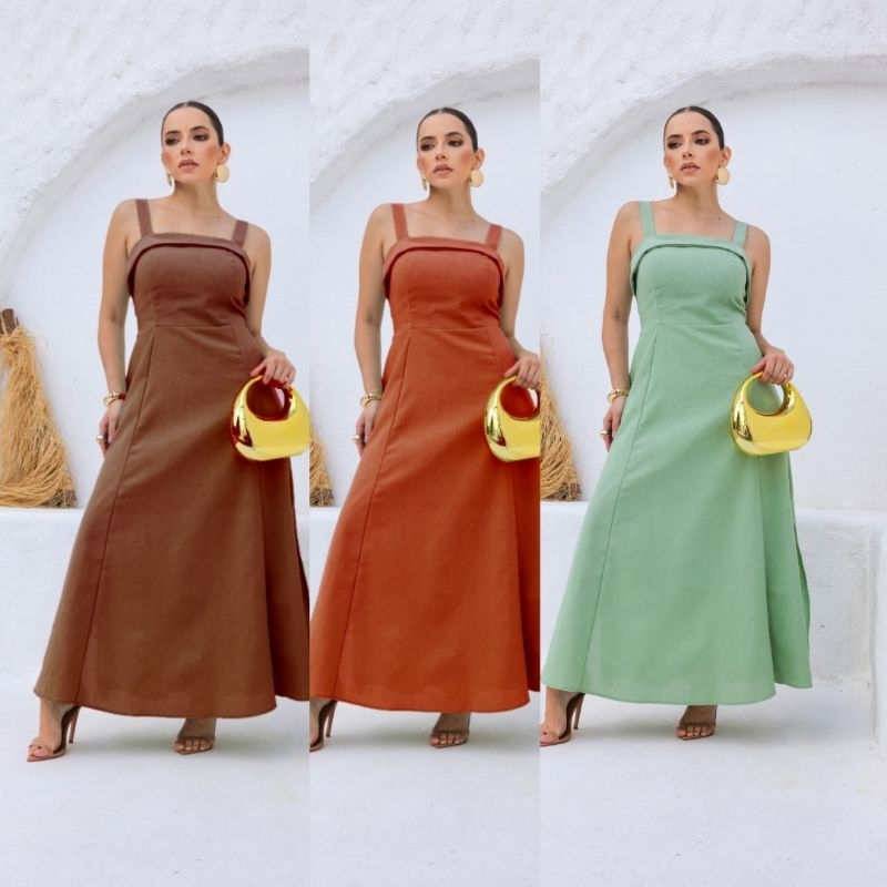Vestido Longo Linho Elegante Alça Grossa Fenda Lateral em Oferta na Shopee