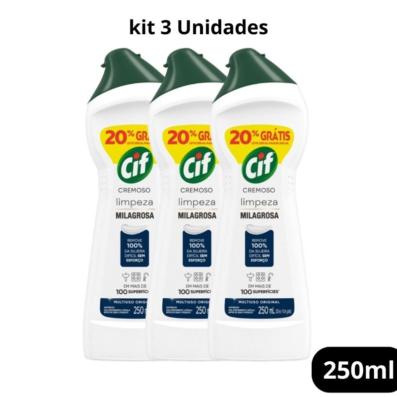 kit com 3 CIF Saponáceo Cremoso, Limpeza Milagrosa Desengordurante e Multiuso Original 250ml