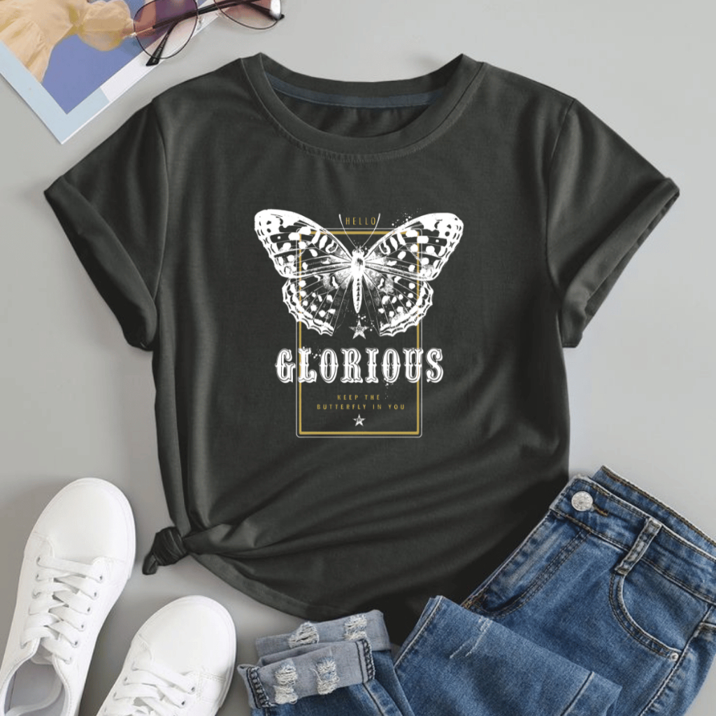 Blusa Feminina T-Shirt Borboleta Tendencia Algodão 100% Gola Básica em Oferta na Shopee