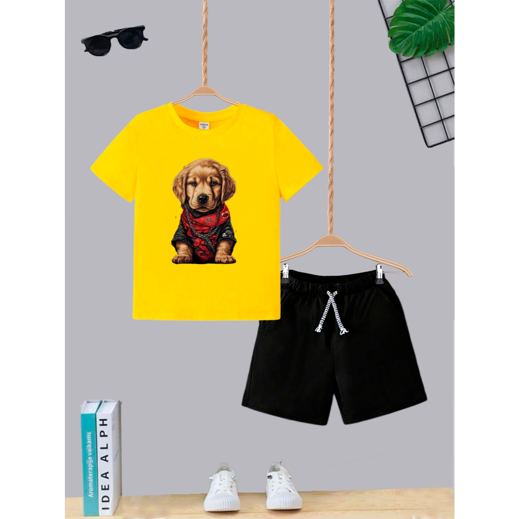 Kit Camiseta + Short com Bolso Conjunto Juvenil Infantil Algodão Confortável Dog Lenço Baby Estiloso Roupa