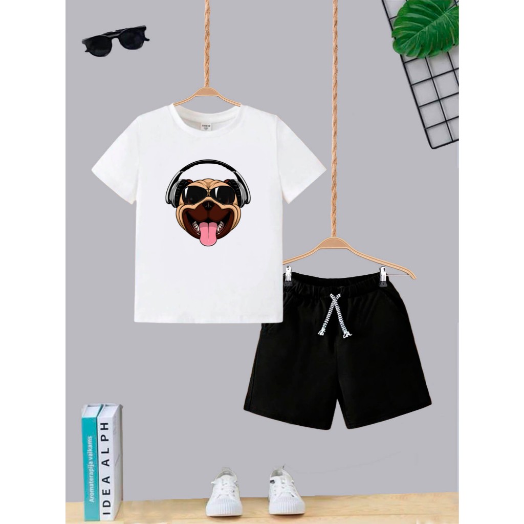 Kit Camiseta + Short com Bolso Conjunto Juvenil Infantil Algodão Confortável  Dog Língua Estiloso Roupa