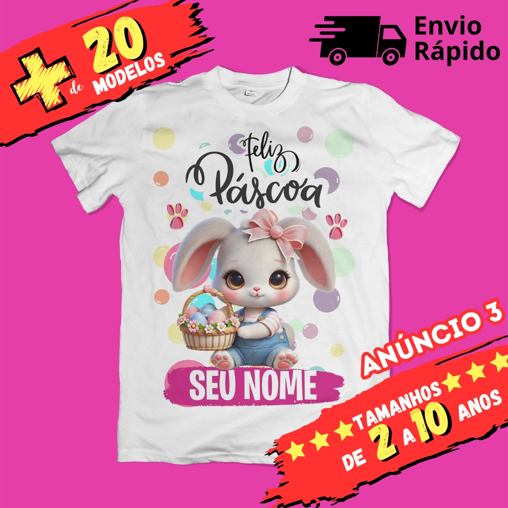 Camiseta Infantil Unissex Páscoa - Coelhinha - Personalizada com nome (Opcional)