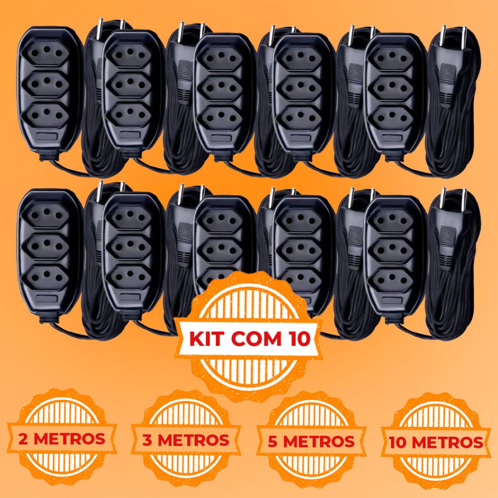 Kit 10 Extensões 2 a 10 metros Elétrica Preta 110w/220w em Oferta na Shopee