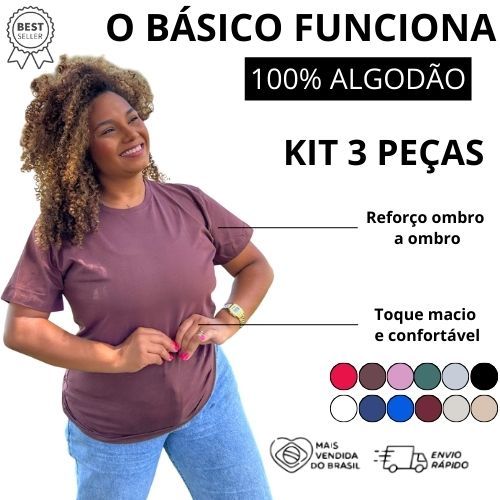 Kit 3 T-Shirt Feminina Camisetas 100% Algodão Envio Imediato Camiseta Básica Cores Variadas