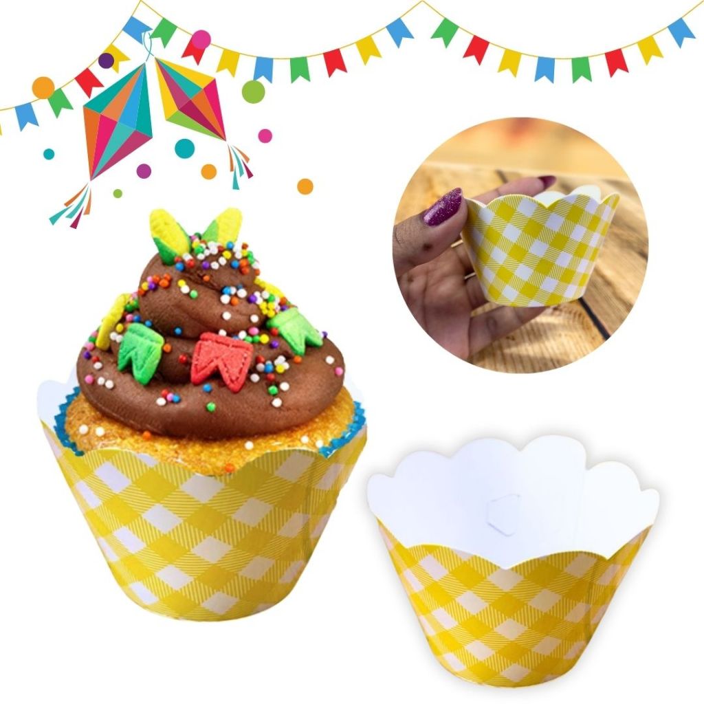 12~60 SAIA PARA CUPCAKE - AMARELO XADREZ, FESTA JUNINA